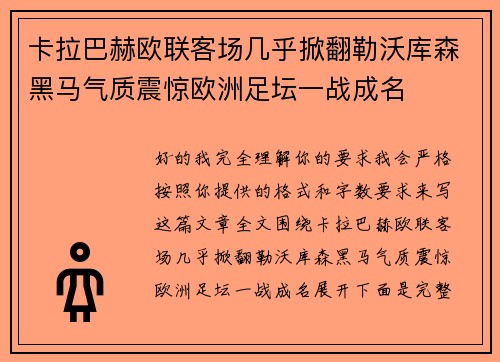 卡拉巴赫欧联客场几乎掀翻勒沃库森黑马气质震惊欧洲足坛一战成名 卡拉巴赫欧联客场几乎掀翻勒沃库森黑马气质震惊欧洲足坛一战成名